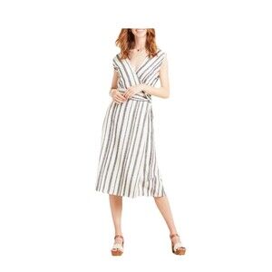 EVEREVE Clara Wrap Midi Dress Linen Blend Lagen Gray White Pockets Small
